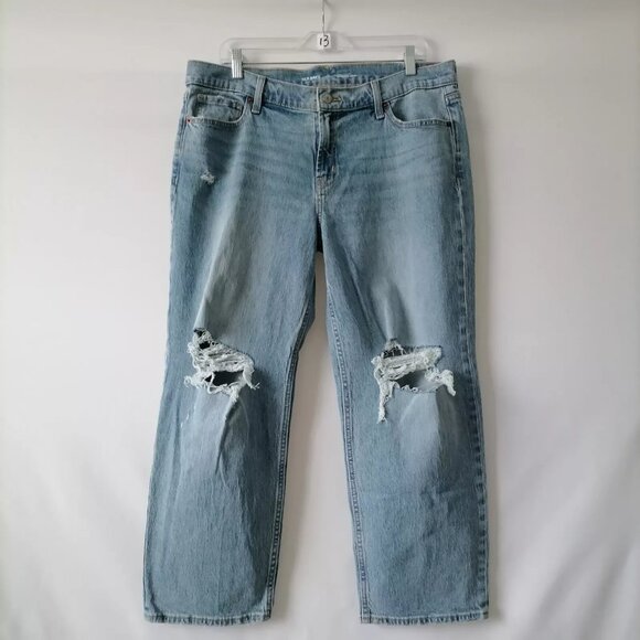 Old Navy Womens Blue Distressed Mid Rise Loose Fit Boyfriend Jeans Petite Sz 14 - Picture 1 of 7
